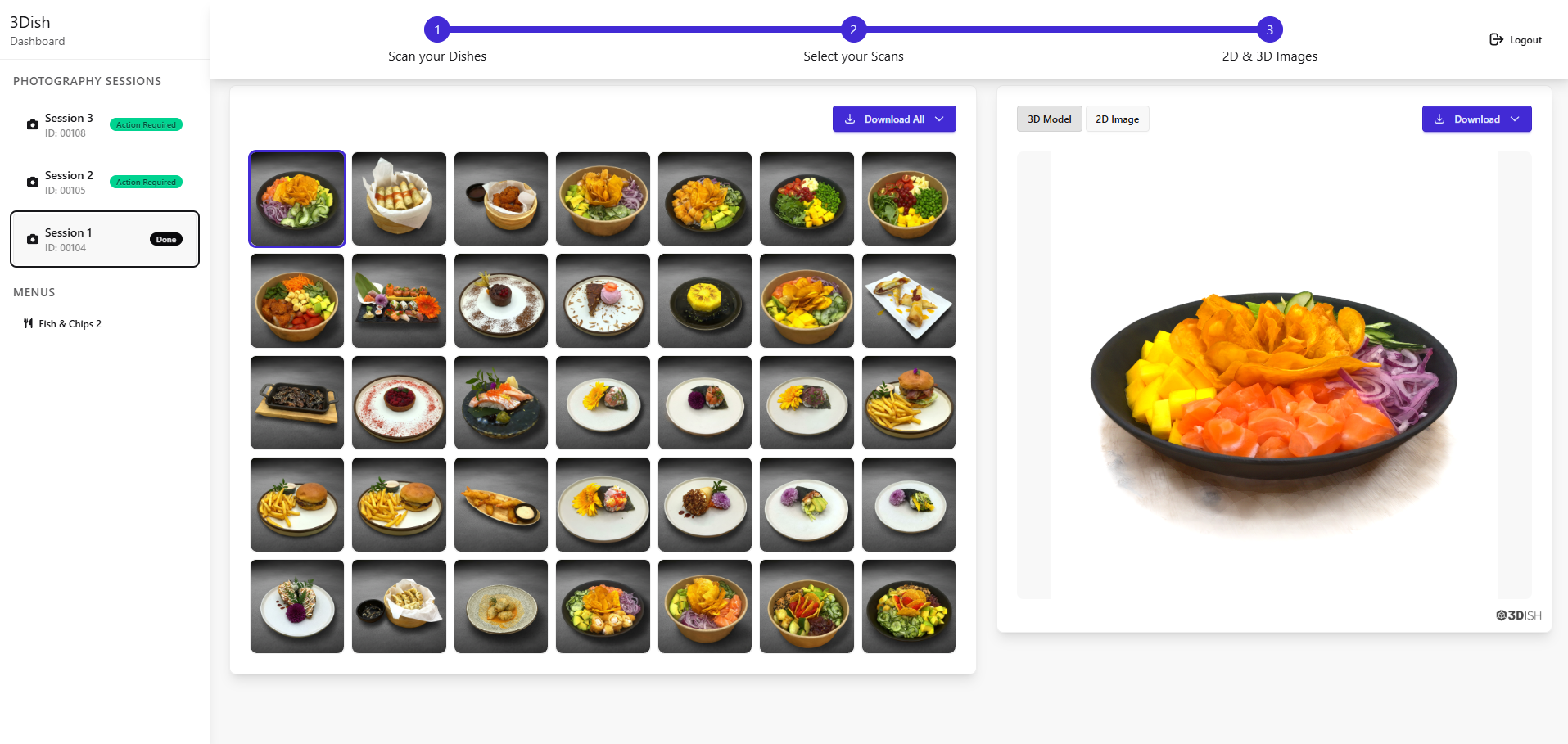 3dish restaurant dashboard showing 3D food photography results, digital menu management, and dish image gallery